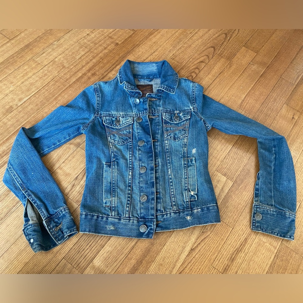 Women’s junior XS Aeropostale Light Blue Denim Jacket Y2K jean Aero 87 distresse